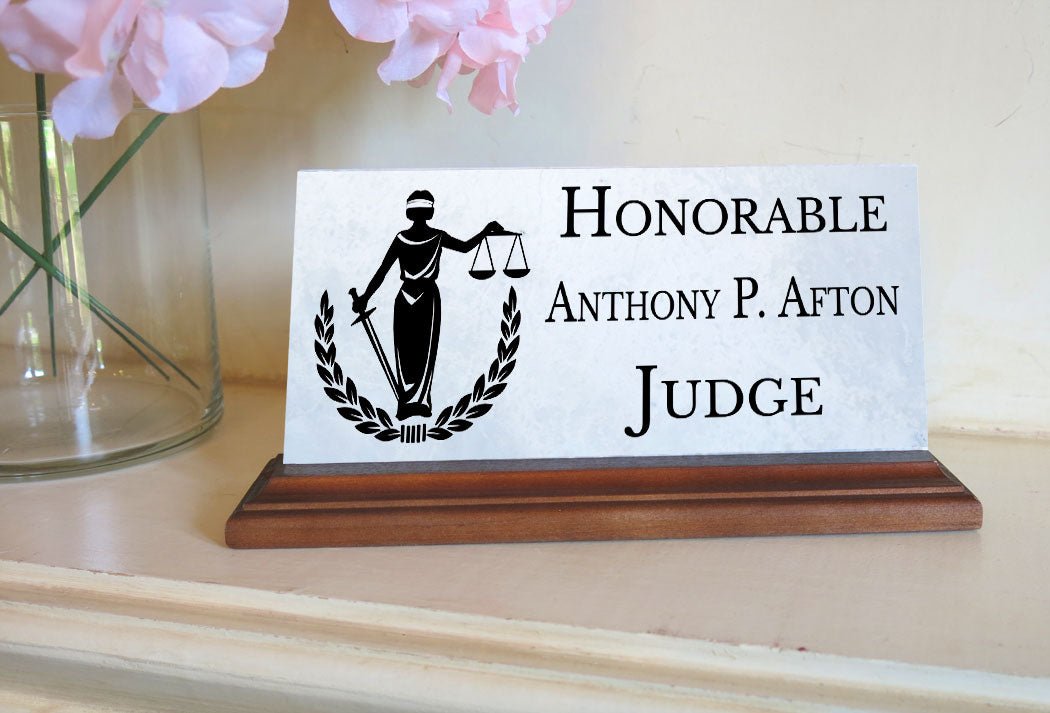 Judge Nameplate Gift - Solid Marble & Hardwood - Judicial Appointments or Promotions