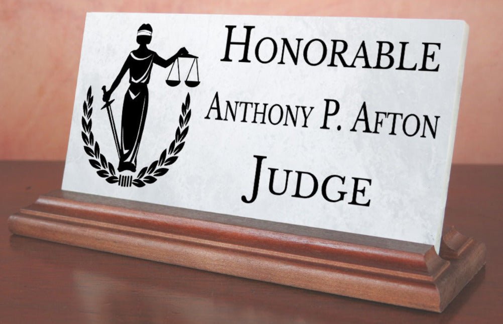 Judge Nameplate Gift - Solid Marble & Hardwood - Judicial Appointments or Promotions