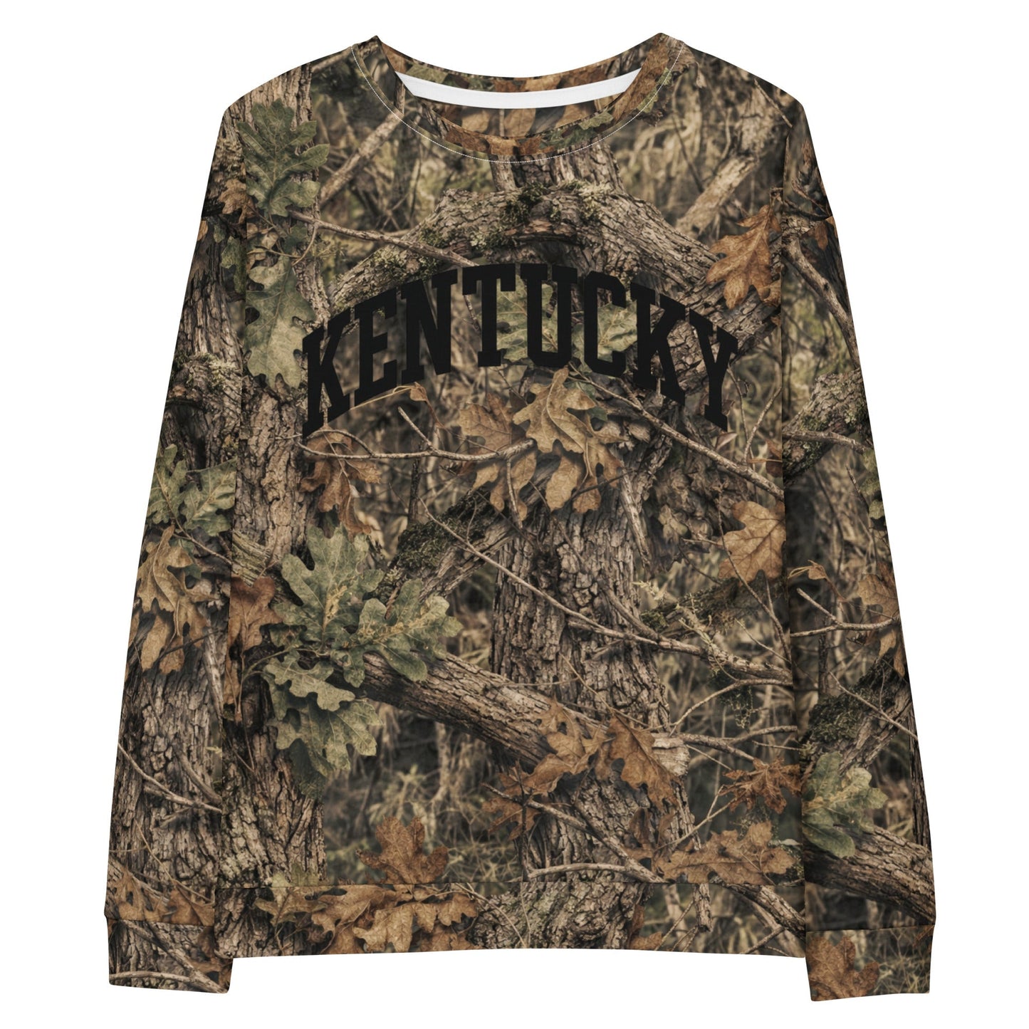 Kentucky Camo Sweatshirt | Mossy Oak All-Over Print with Black Block Text | Unisex Cotton