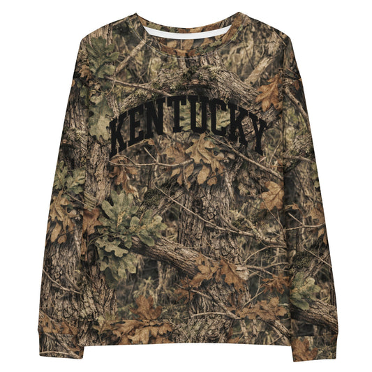Kentucky Camo Sweatshirt | Mossy Oak All-Over Print with Black Block Text | Unisex Cotton