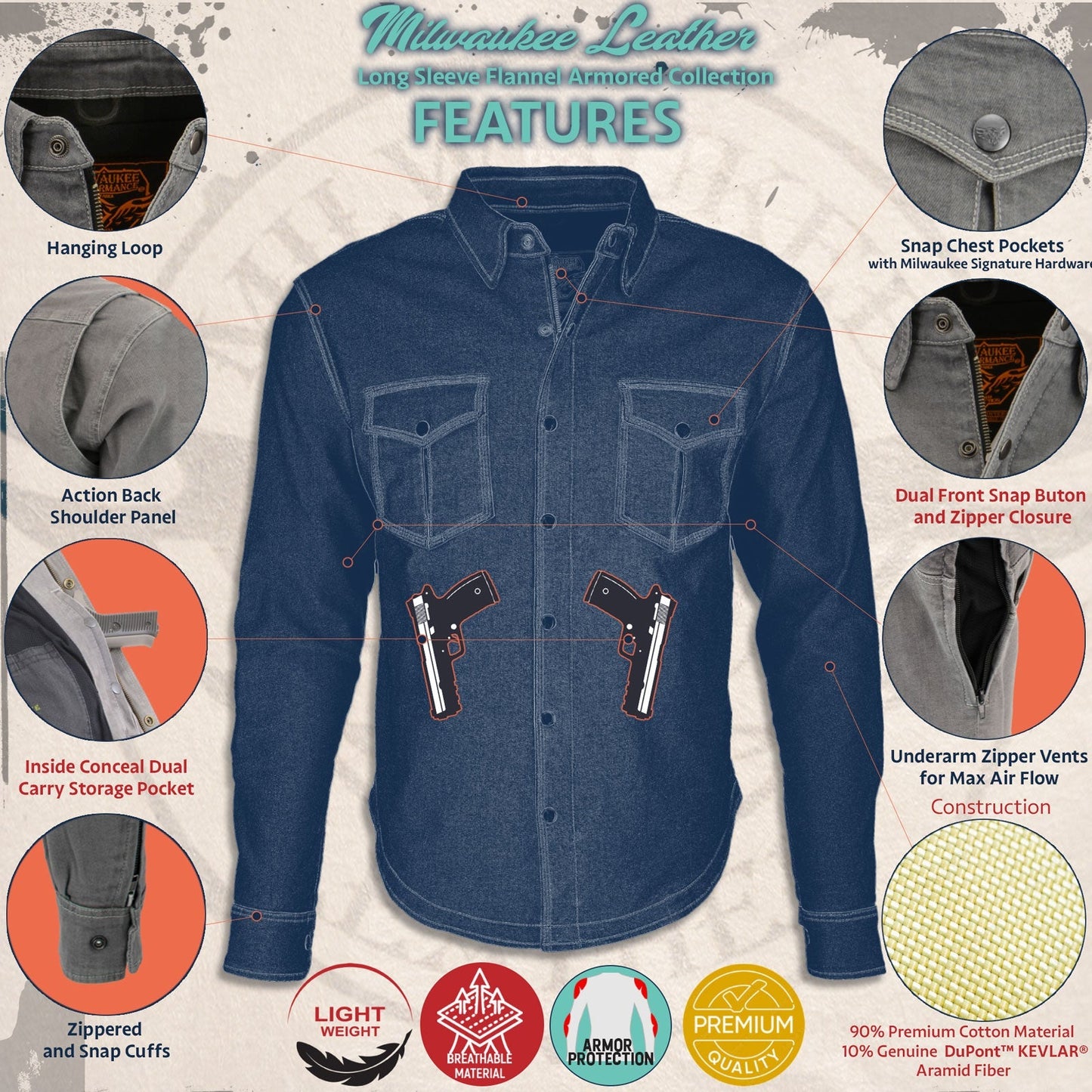 Milwaukee Leather Men's Neptune Black CE Armored Flannel Shirt with Aramid Reinforced Zones - MPM1634