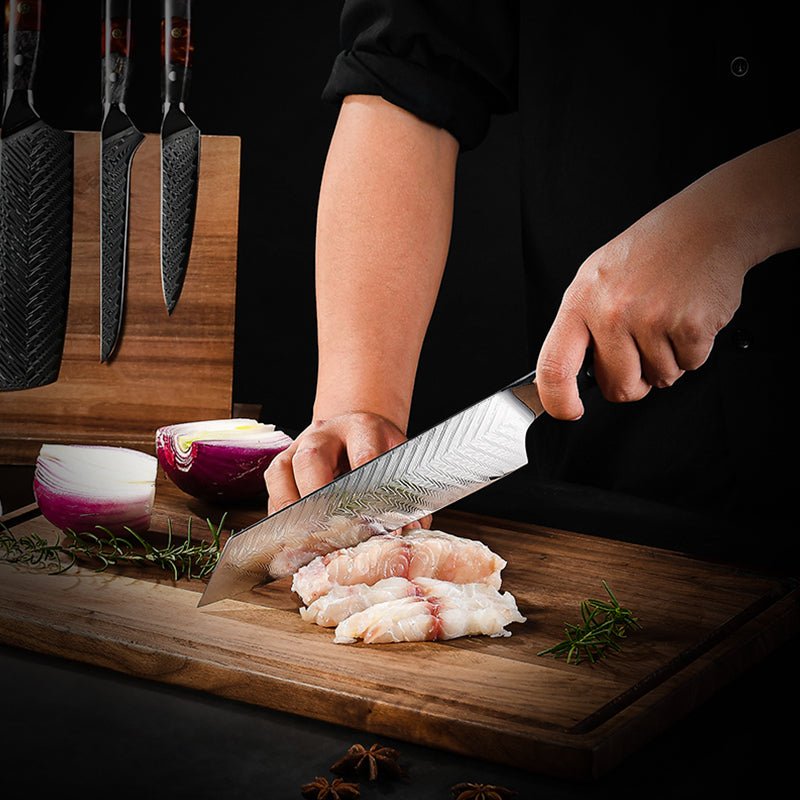 Supreme VG10 8-Pc Professional Chef Knife Set with Stained Olive Wood Handle & Sheath