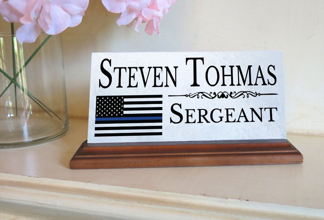 Police Desk Nameplate – Thin Blue Line Flag - Custom Gift for Law Enforcement Officers & Command Staff