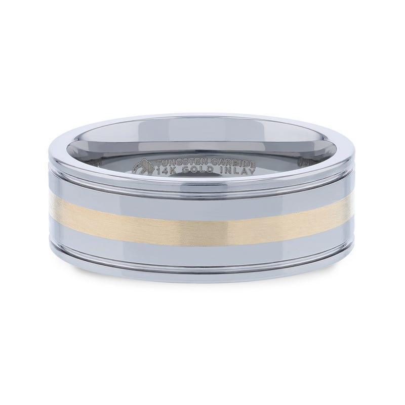 LAZIO 14k Gold Inlay with Grooved Edges Tungsten Polished Wedding Band - 8mm