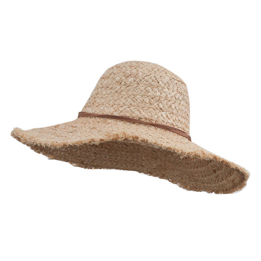 Leatherette Tie Fringed Edge Straw Hat