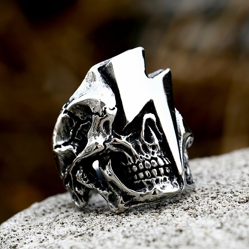 Lightning Skull Stainless Steel Biker Ring