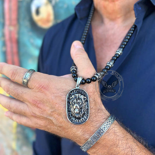 Lion Head Black Beads Chain Stainless Steel Necklace