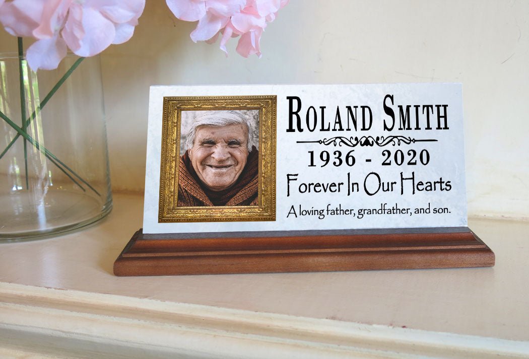 Loved One Memorial Plaque With Photo Gift Printed Picture Marble Forever In Our Hearts 8" x 4"