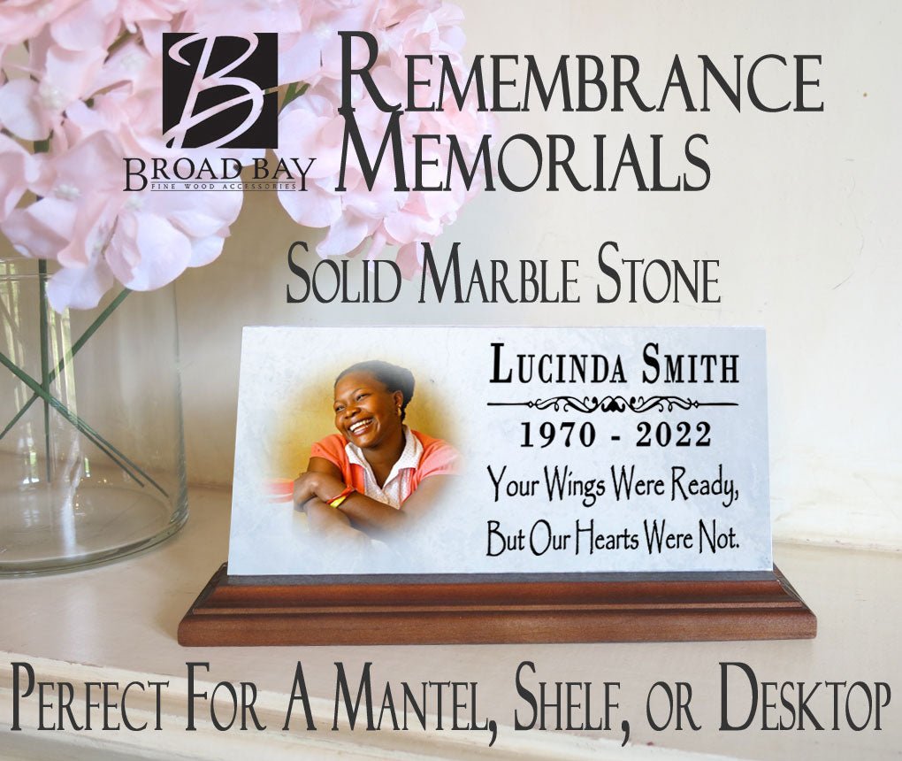 Loved One Memorial With Photo Custom Printed Picture on Marble Plaque - Your Wings Were Ready But Our Hearts Were Not 8" x 4"