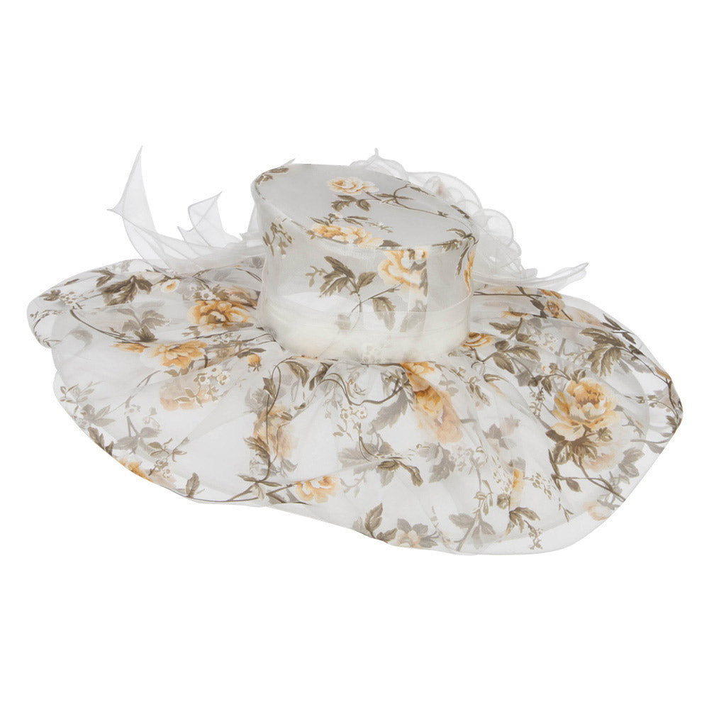 Floral Print Layered Brim Organza Hat