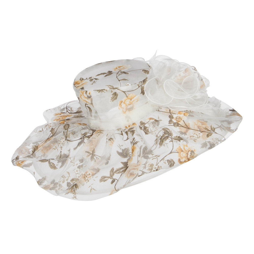 Floral Print Layered Brim Organza Hat