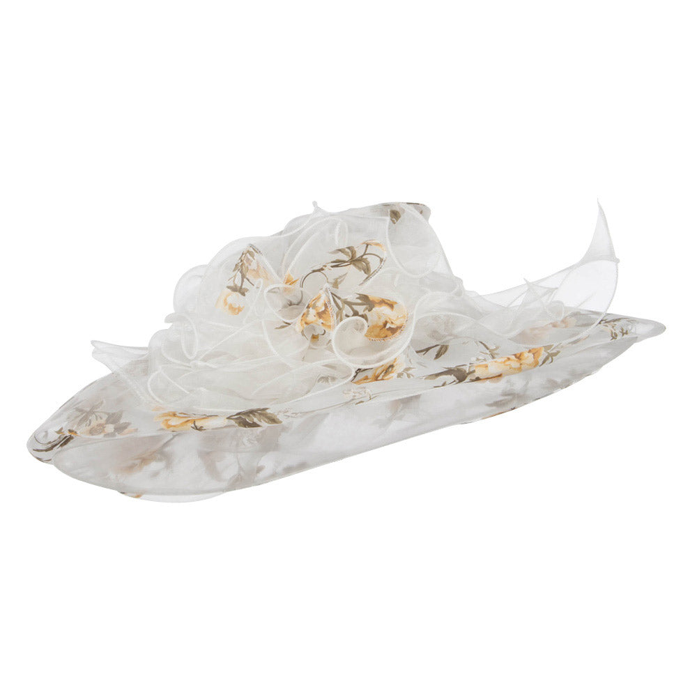 Floral Print Layered Brim Organza Hat