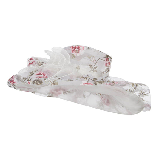 Floral Print Layered Brim Organza Hat