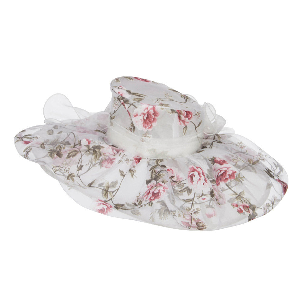 Floral Print Layered Brim Organza Hat
