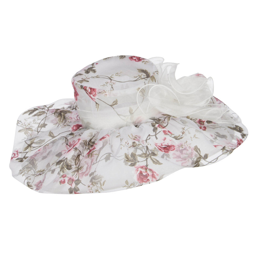 Floral Print Layered Brim Organza Hat
