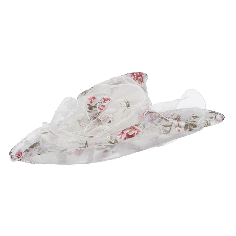 Floral Print Layered Brim Organza Hat