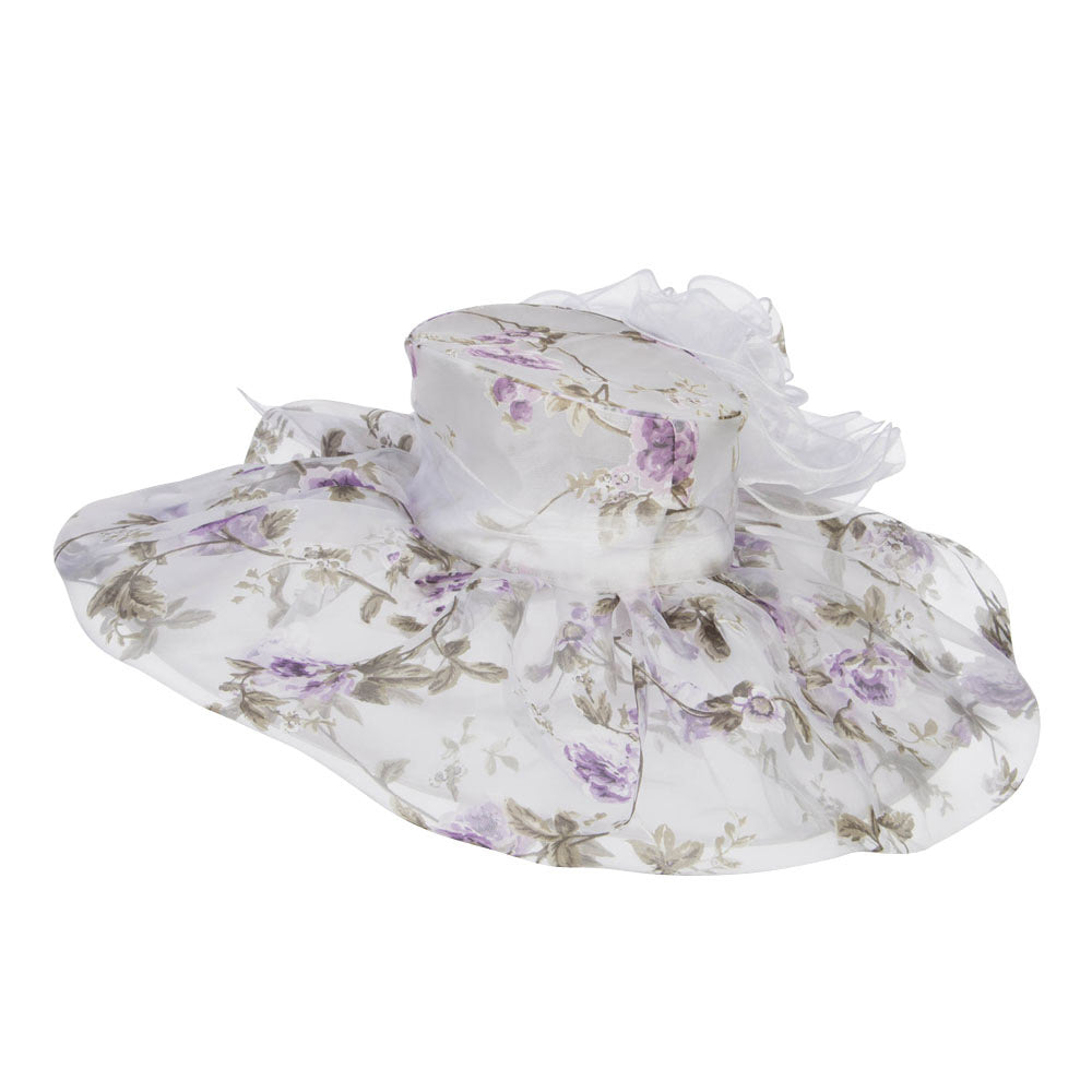 Floral Print Layered Brim Organza Hat