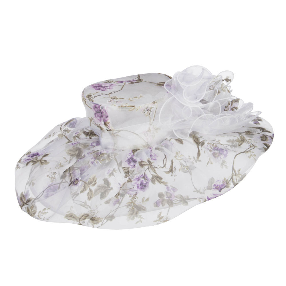 Floral Print Layered Brim Organza Hat