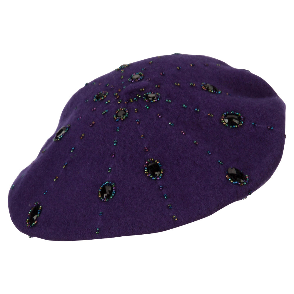 Ladies Starburst Beaded Trim Wool Beret