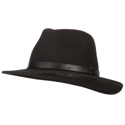 Women's Leather Band Trim Accented Large Brim Wool Fedora Hat