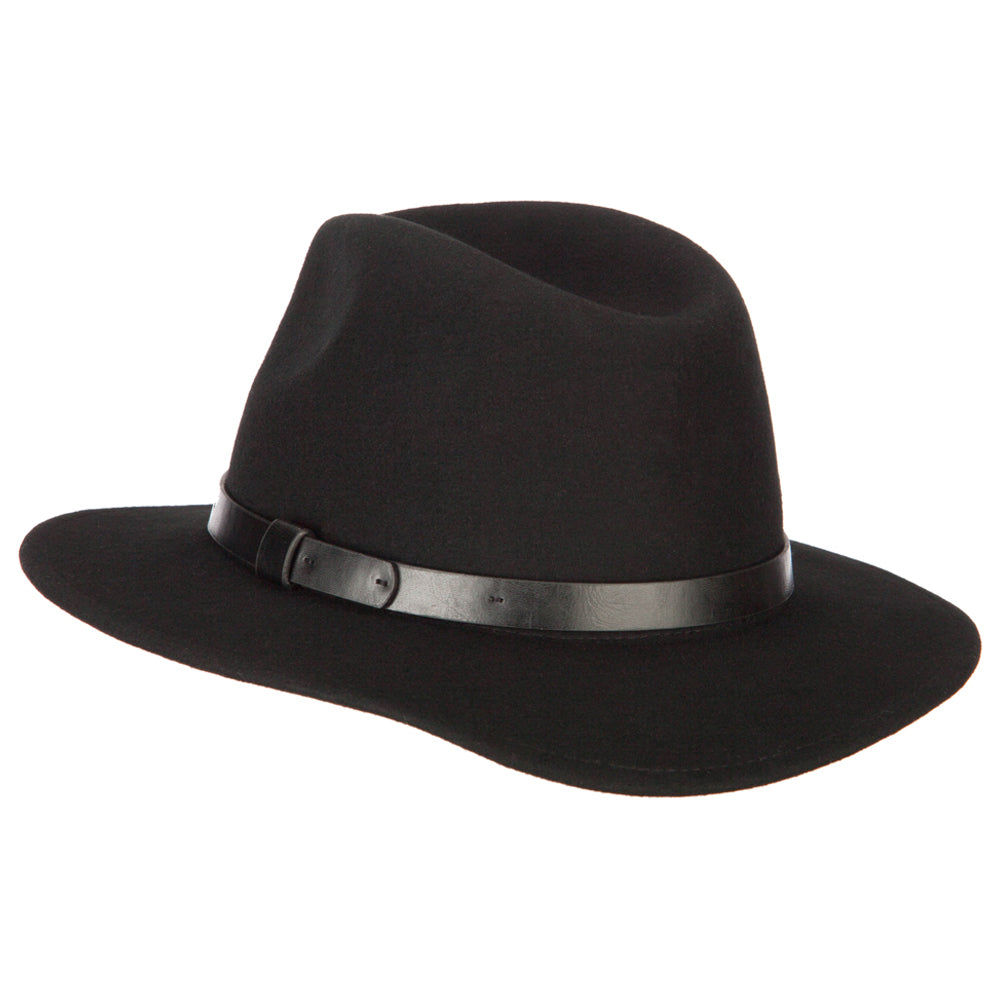 Women's Leather Band Trim Accented Large Brim Wool Fedora Hat