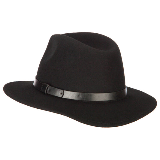 Women's Leather Band Trim Accented Large Brim Wool Fedora Hat