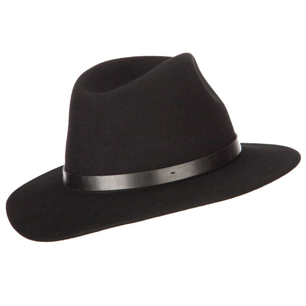 Women's Leather Band Trim Accented Large Brim Wool Fedora Hat