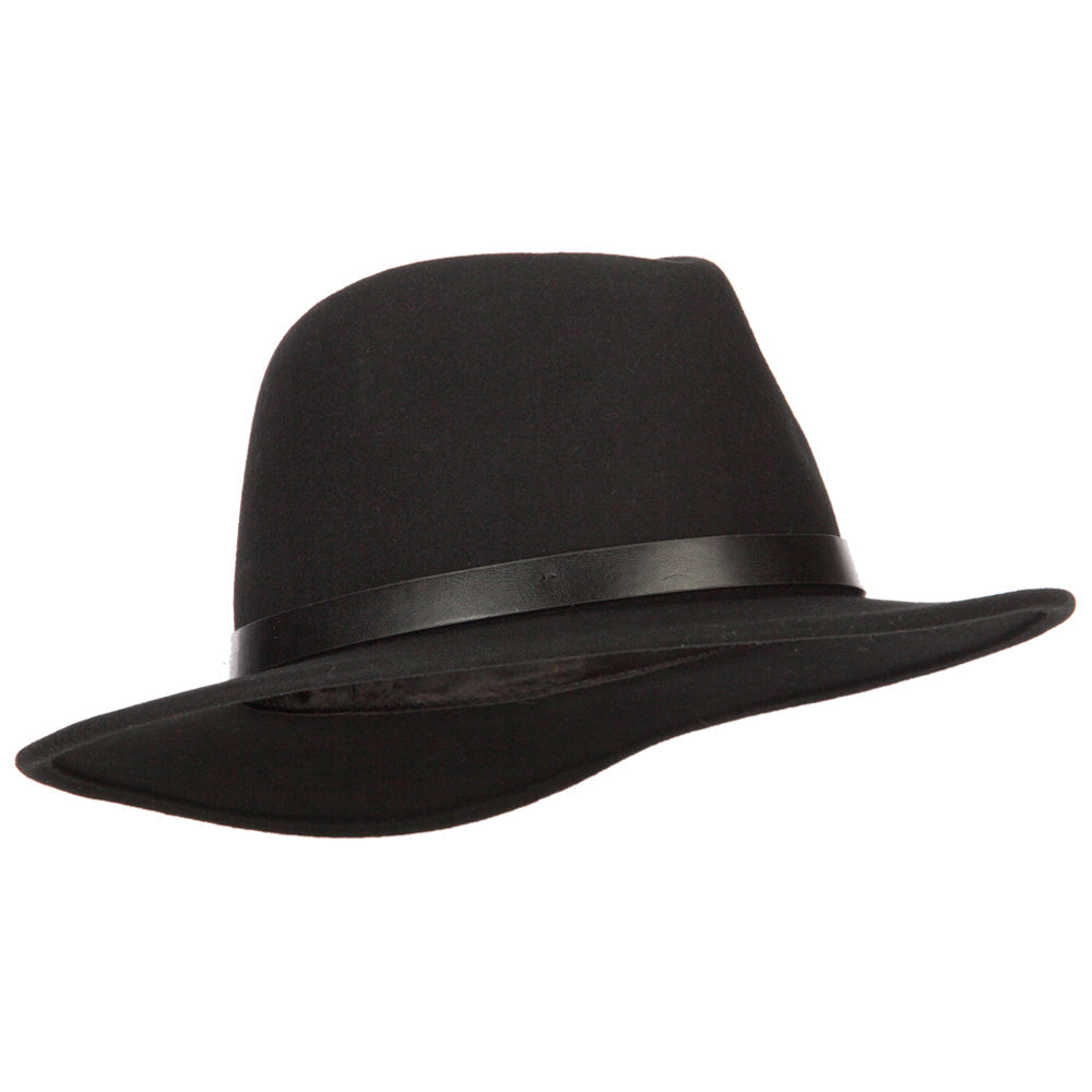 Women's Leather Band Trim Accented Large Brim Wool Fedora Hat