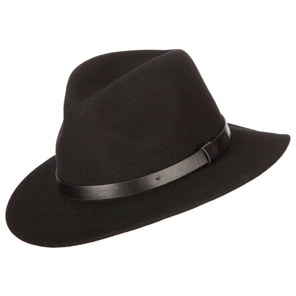 Women's Leather Band Trim Accented Large Brim Wool Fedora Hat