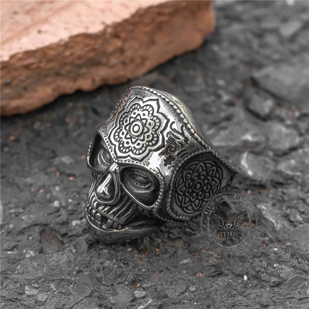 Mandala Flower Stainless Steel Skull Ring