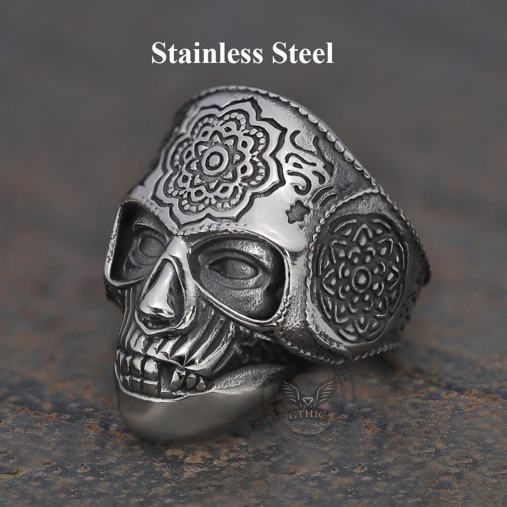 Mandala Flower Stainless Steel Skull Ring