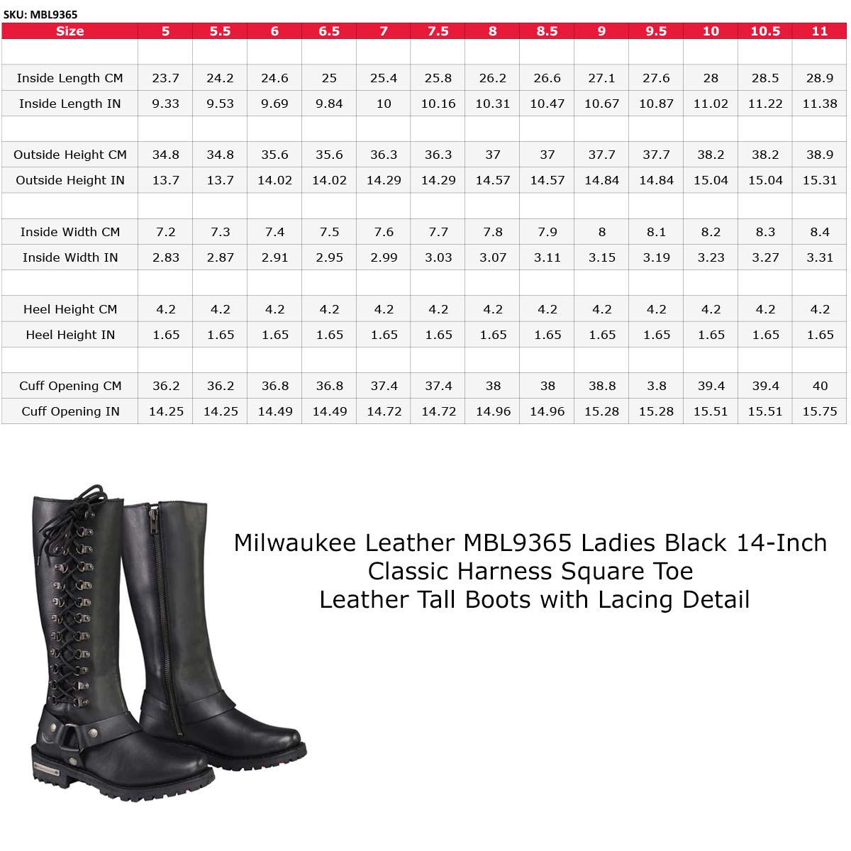 Milwaukee Leather MBL9365 Women's Classic Black Leather 14-Inch Harness Square Toe Tall Motorcycle Boots