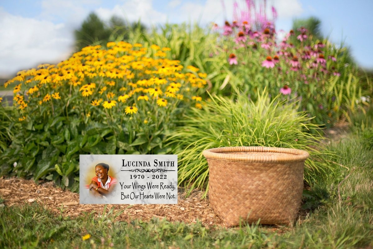Memorial Stone With Photo Loved One Gift Custom Printed Picture Marble Plaque - Your Wings Were Ready But Our Hearts Were Not 12" x 6"