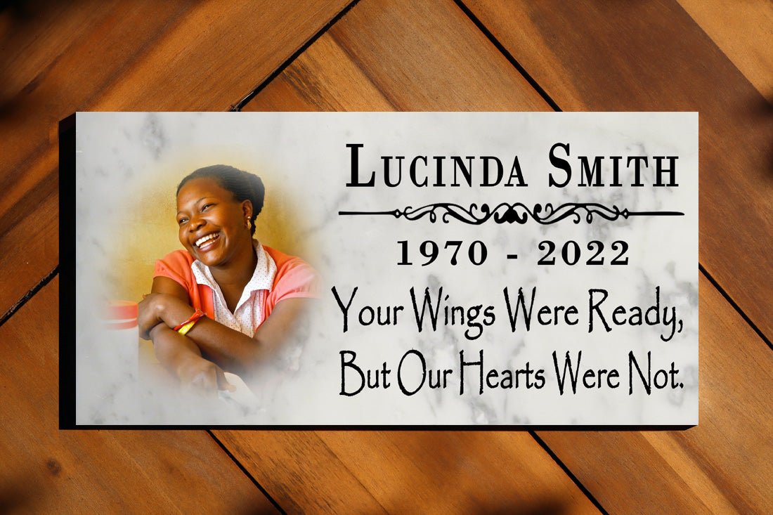 Memorial Stone With Photo Loved One Gift Custom Printed Picture Marble Plaque - Your Wings Were Ready But Our Hearts Were Not 12" x 6"