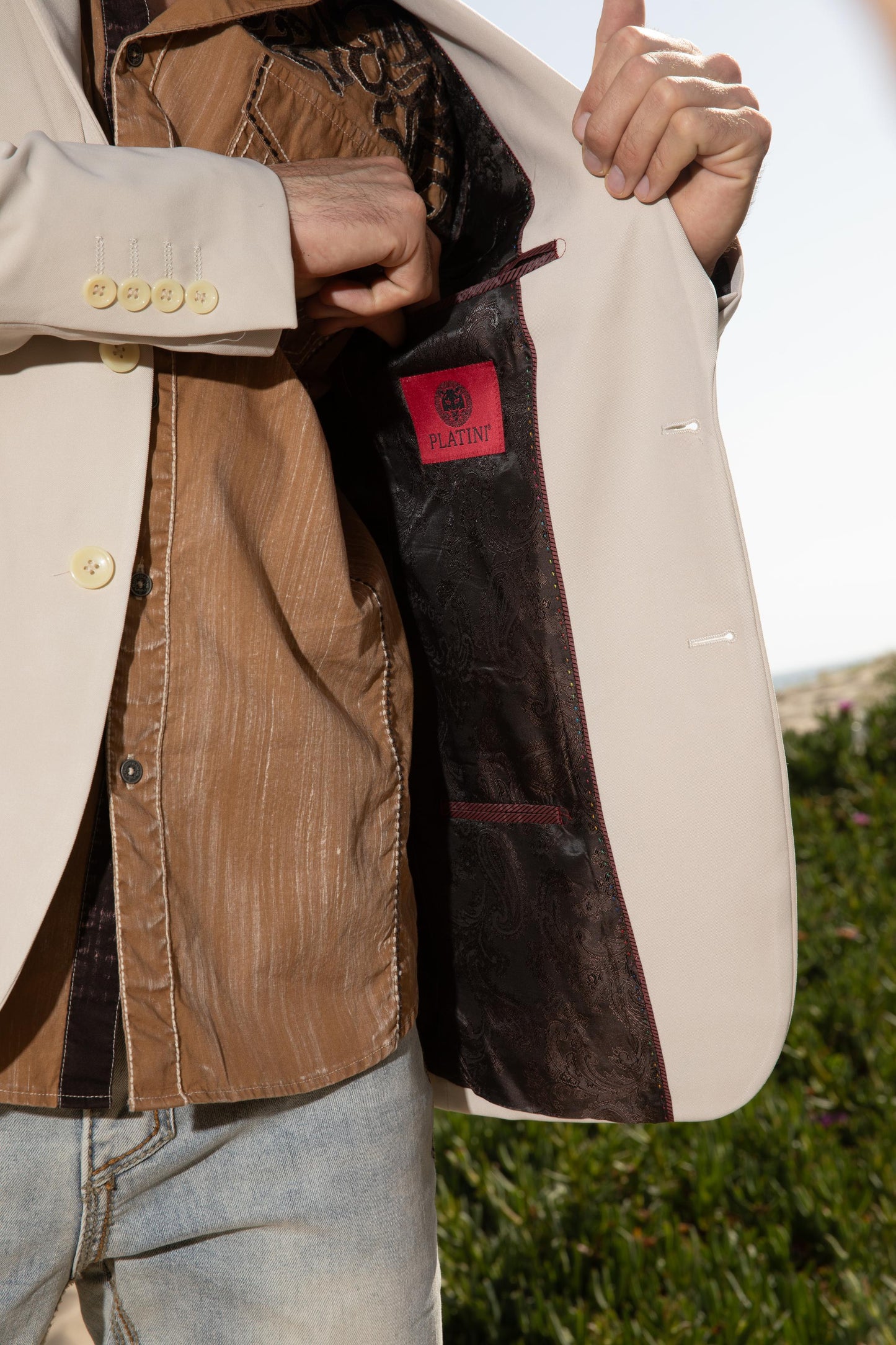 Mens Modern Fit Stretch Date Night Beige Blazer