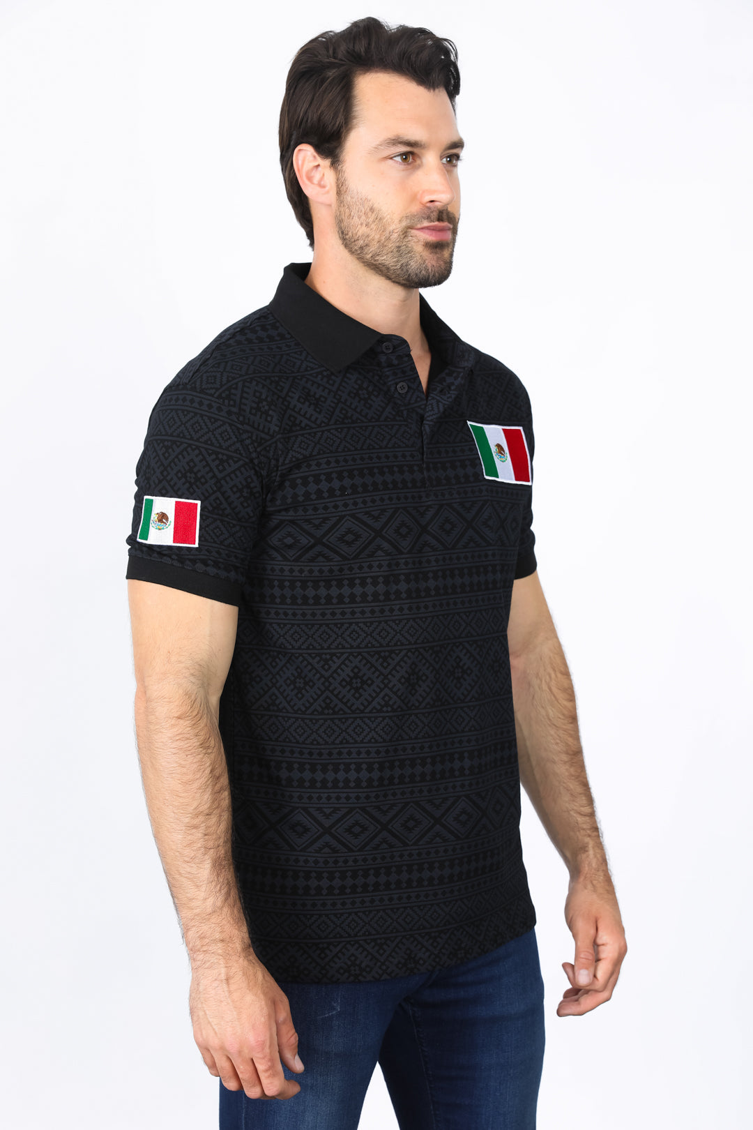 Mens Modern Fit Stretch MEXICO Cotton Polo with Aztec Print