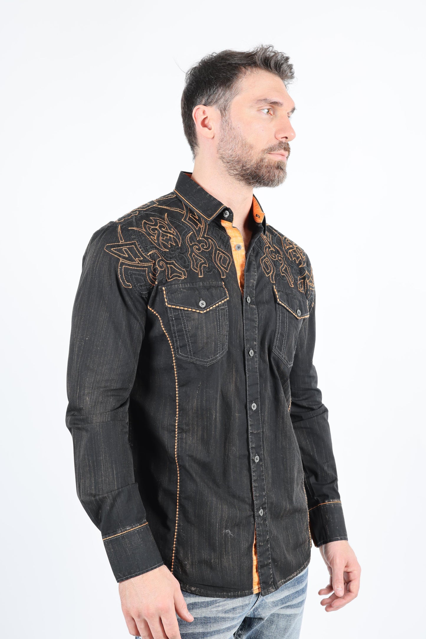 Mens Vintage Washed 2-tone Embroidery Modern Fit Stretch Shirt