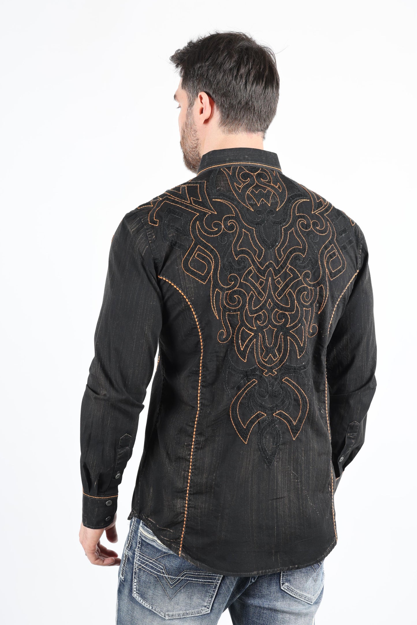 Mens Vintage Washed 2-tone Embroidery Modern Fit Stretch Shirt