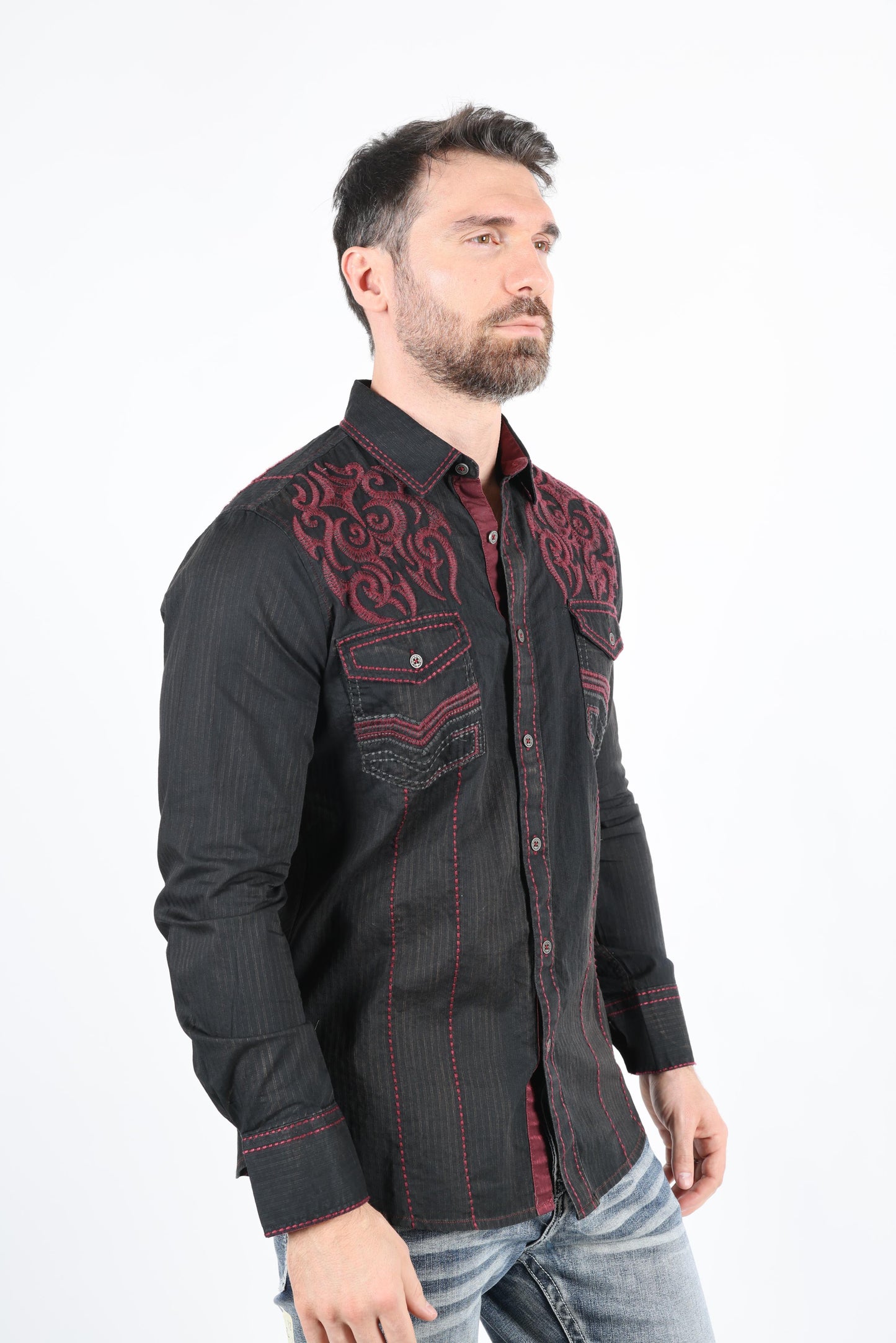 Mens Vintage Washed 2-tone Embroidery Modern Fit Stretch Shirt