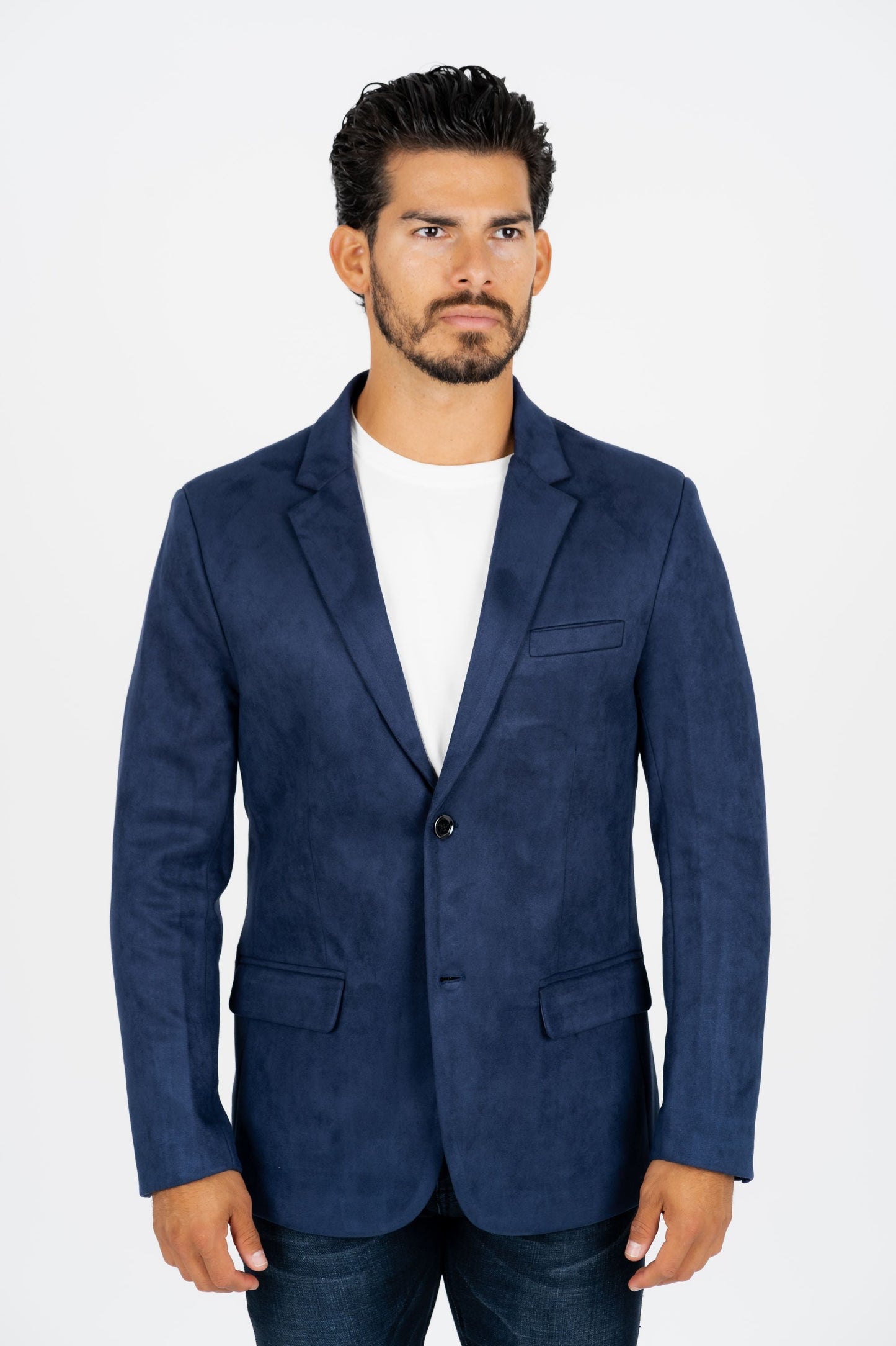 Men's Double Button Navy Faux-Suede Blazer