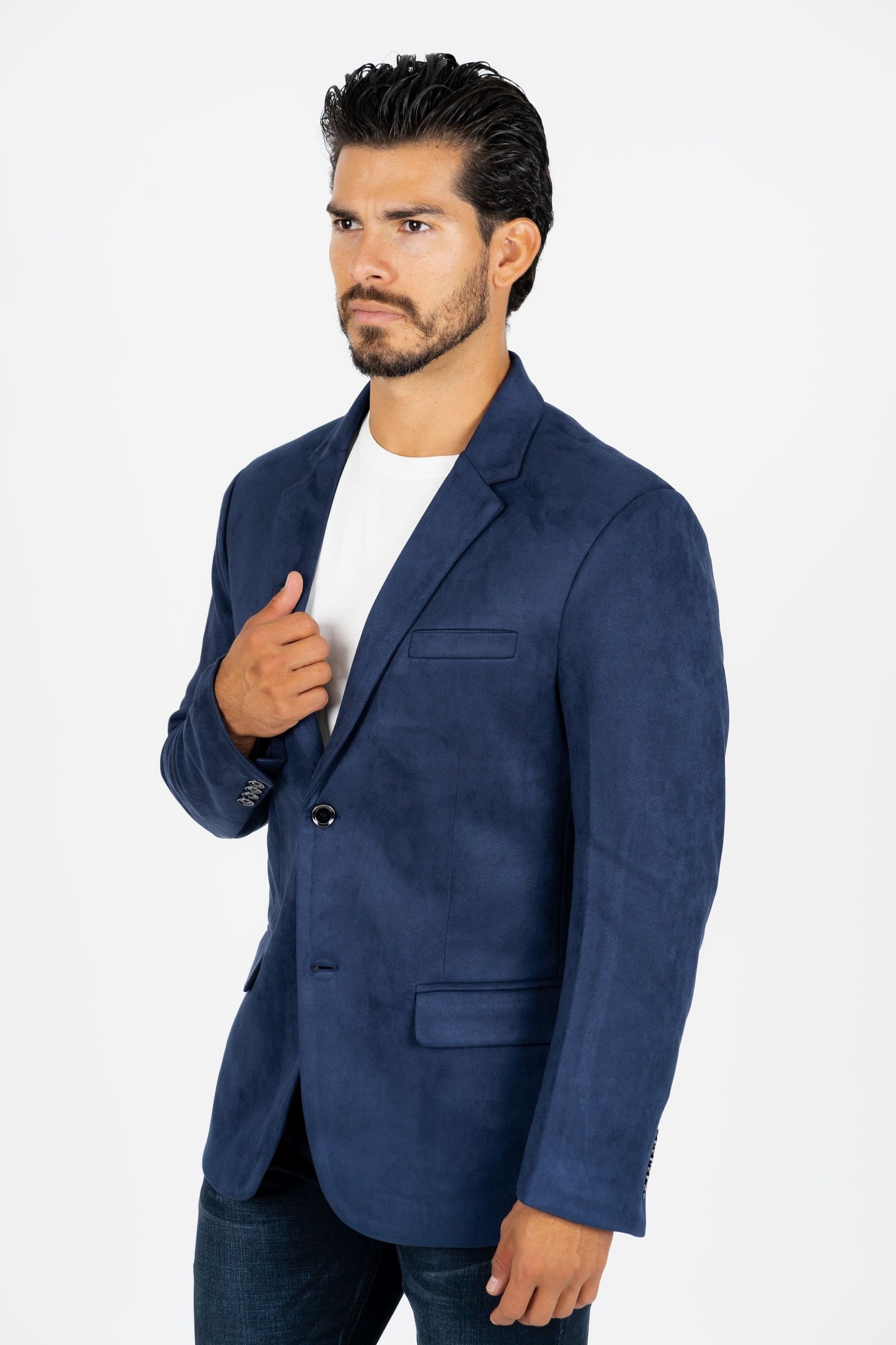 Men's Double Button Navy Faux-Suede Blazer