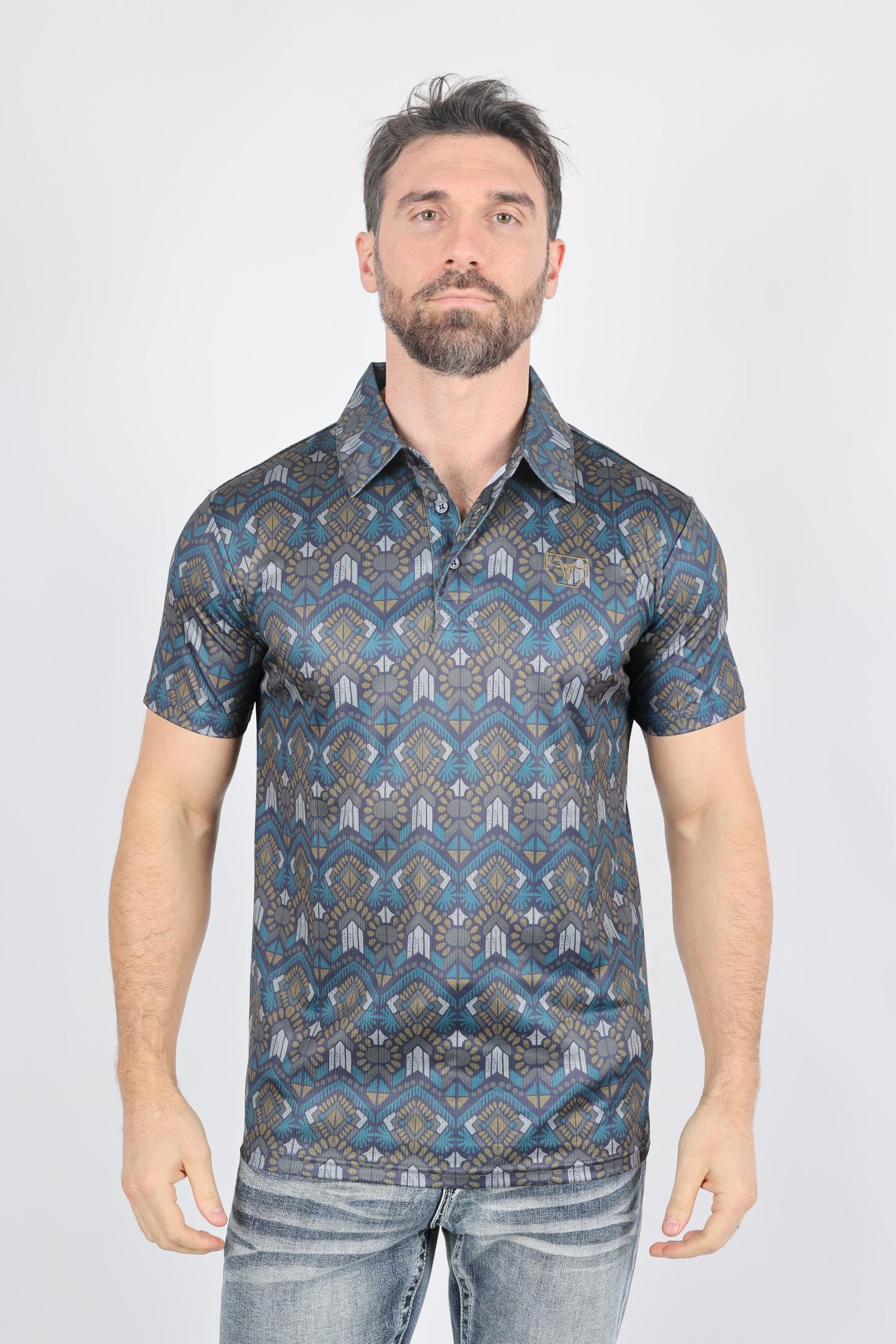 Mens Performance Fabric Modern Fit Stretch Aztec Print Polo