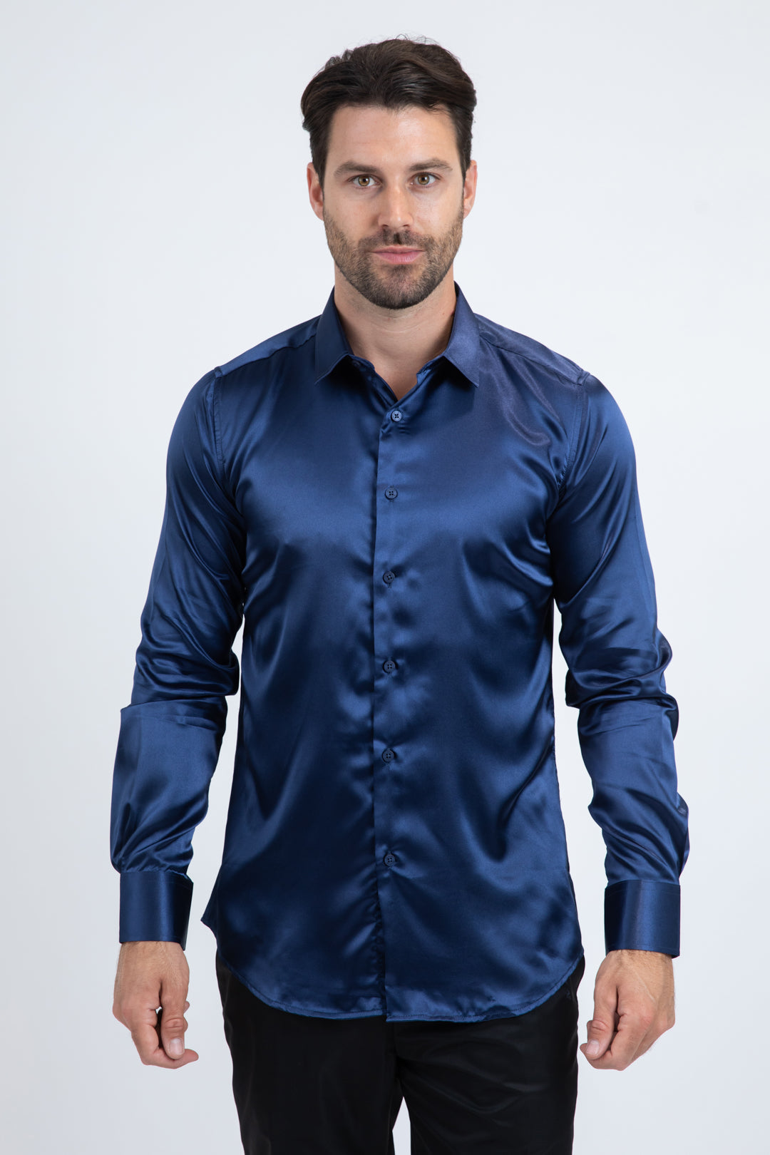 Men's Satin Navy Dress Shirt