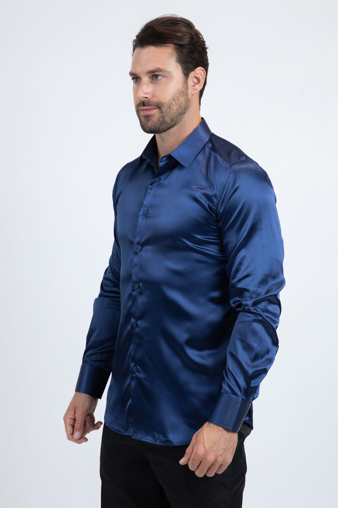 Men's Satin Navy Dress Shirt