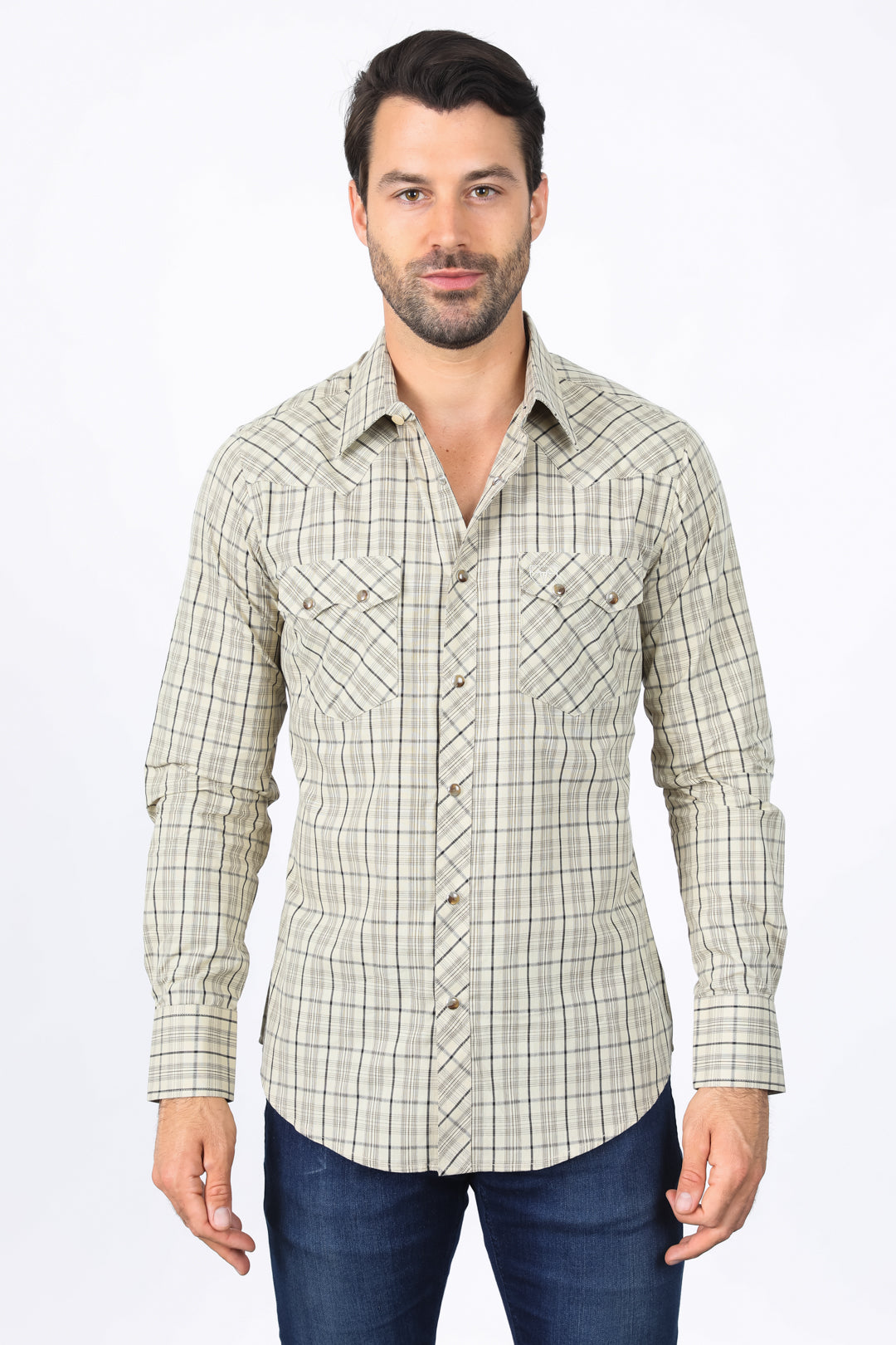 Mens Western Checkered Khaki Long Sleeve Shirts