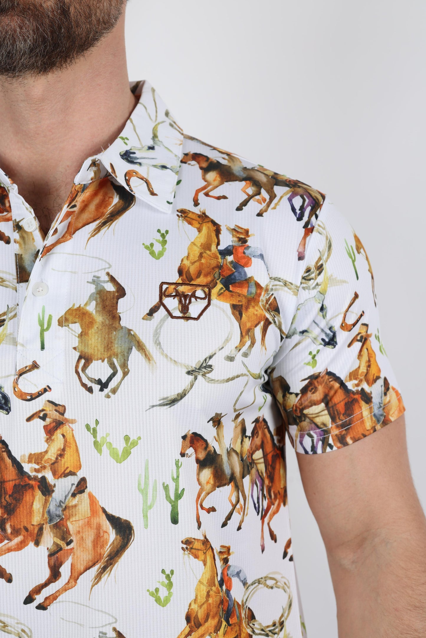 Mens Performance Fabric Modern Fit Stretch Rodeo Print Polos