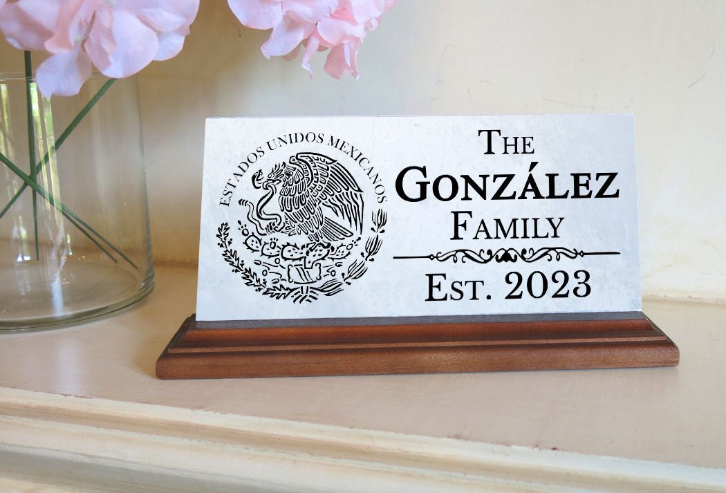 Family Name Desk Plaque – Custom Marble “Est. Year” Sign With Mexican Coat of Arms