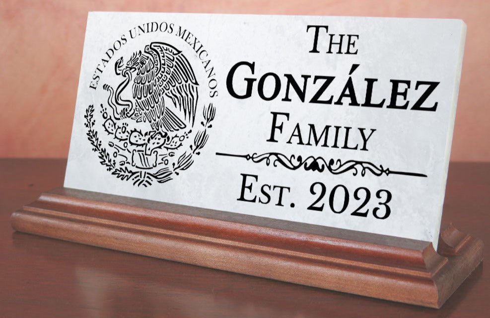 Family Name Desk Plaque – Custom Marble “Est. Year” Sign With Mexican Coat of Arms
