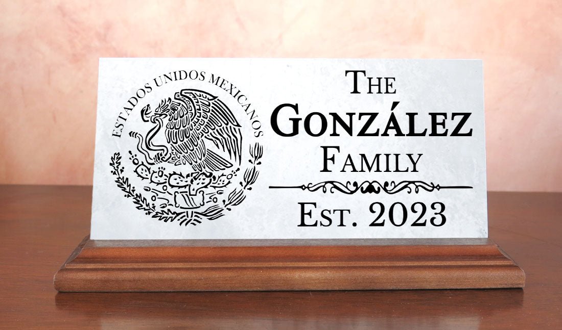 Family Name Desk Plaque – Custom Marble “Est. Year” Sign With Mexican Coat of Arms