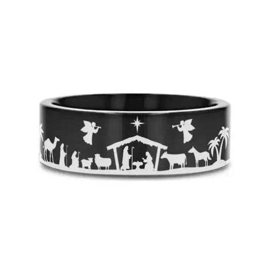 NATIVITY SCENE on Black Flat Tungsten Carbide Ring